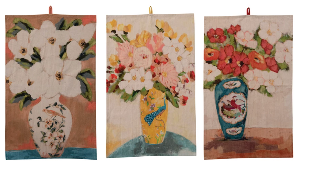 COTTON CHAMBRAY TEA TOWEL W/ FLOWERS
