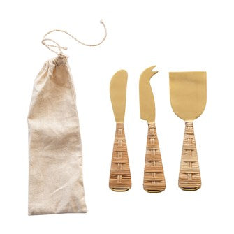 Cheese Knives w/ Rattan Handles, Gold