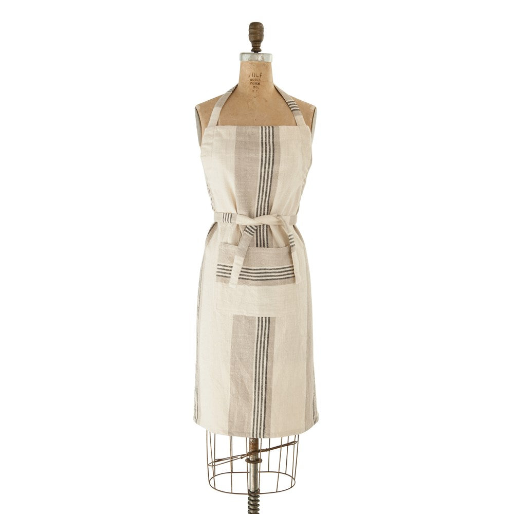 Striped Apron with Pocket, Black and Cream